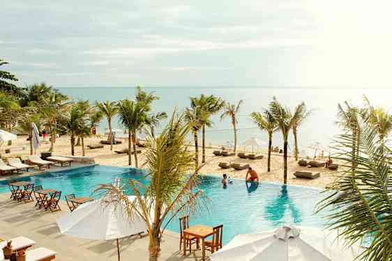 En pool med solstolar och utemöbler i förgrunden, palmer, sandstrand och hav i bakgrunden. (AI-genererad text)