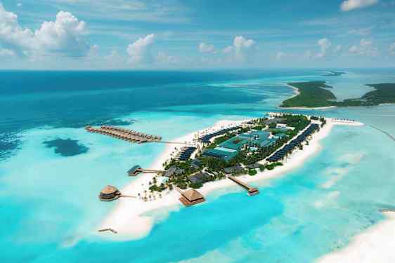 Luftfotografi över en tropisk ö med hotellbyggnader omgivna av turkost vatten och vita sandstränder. (AI-genererad text)