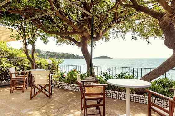 Utomhusservering med utsikt över havet genom trädgrenar, bord och stolar i förgrunden. (AI-genererad text)