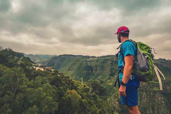 En person med ryggsäck står och tittar ut över en grön dal under molnigt väder. (AI-genererad text)