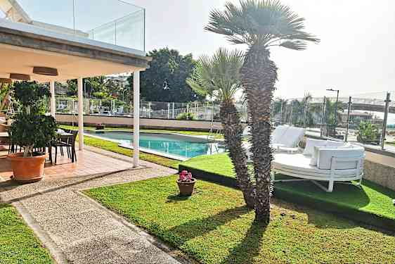 En uteplats med bord, stolar och en stor krukväxt vid en swimmingpool omgiven av gräsmatta och palmer. (AI-genererad text)