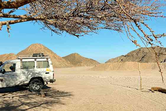 En vit bil står parkerad under ett träd i en ökenmiljö med berg i bakgrunden. (AI-genererad text)