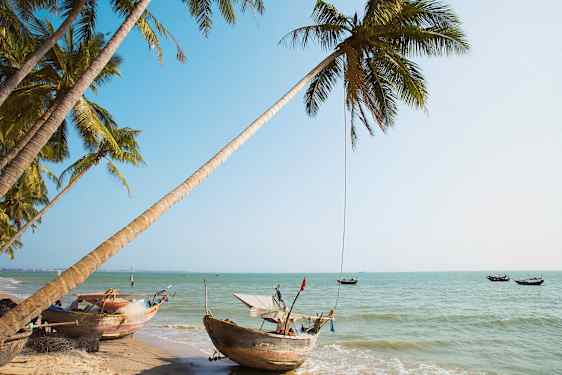Utsikt över en tropisk strand med palmer och traditionella båtar vid vattnet. (AI-genererad text)