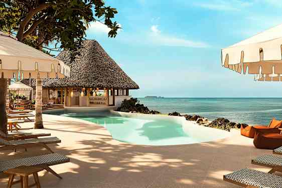 Poolområde med solstolar och parasoller bredvid havet. (AI-genererad text)