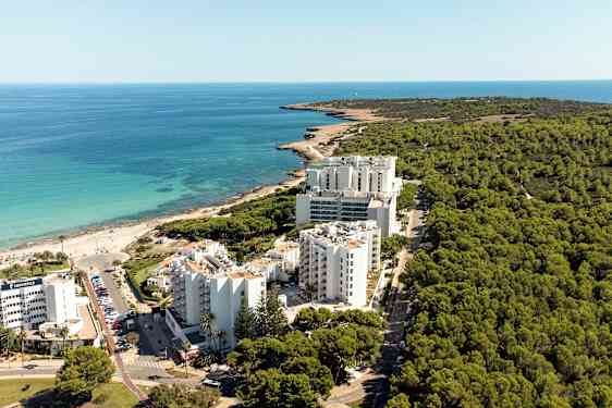 Flygfoto av en kustlinje med hotellbyggnader framför en skog och nära en strand. (AI-genererad text)