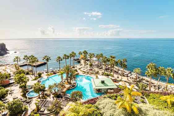 En stor pool med omgivande palmer och solstolar, belägen vid stranden med utsikt över det glittrande havet. (AI-genererad text)