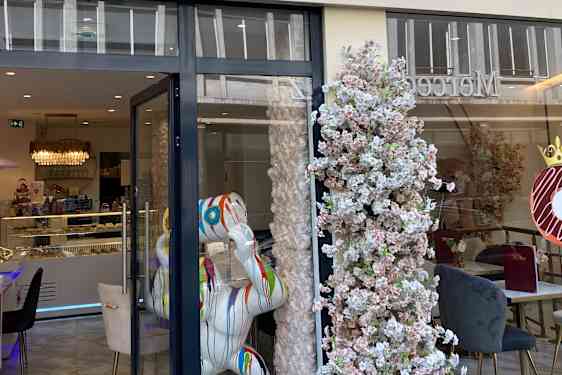 En blomsterprydd, rosa oas längs en annars trist gata