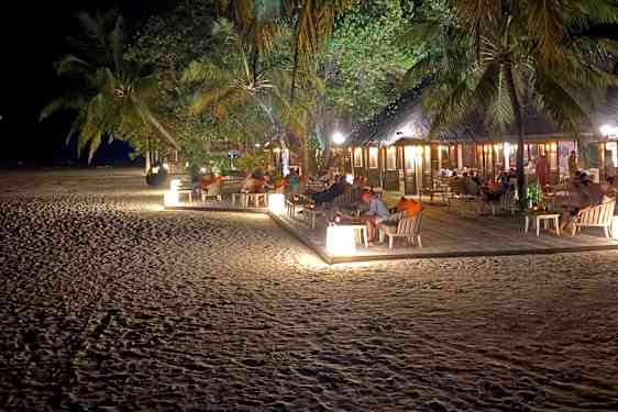 Upplyst strandrestaurang bland palmer