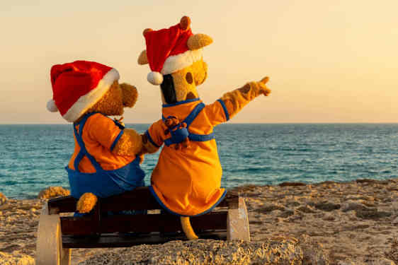 Lollo och Bernie i tomtemössor på stranden