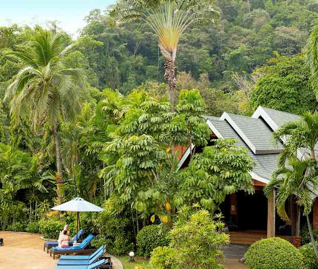 En tropisk trädgård med gröna palmer och buskar samt en byggnad med spetsiga tak. I förgrunden syns solstolar och parasoll. (AI-genererad text)