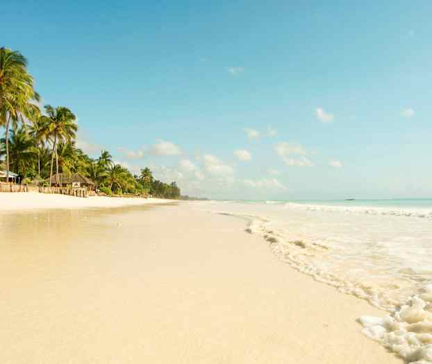 Tropisk strand med palmer och vit sand. (AI-genererad text)