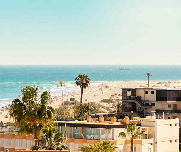 Vy över en sandstrand med hav, palmer och byggnader. (AI-genererad text)