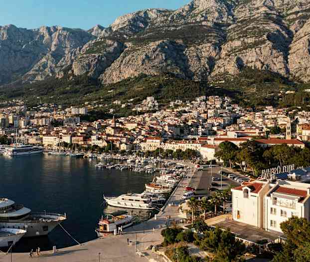 Vy över en hamn med båtar och en stad med berg i bakgrunden. (AI-genererad text)