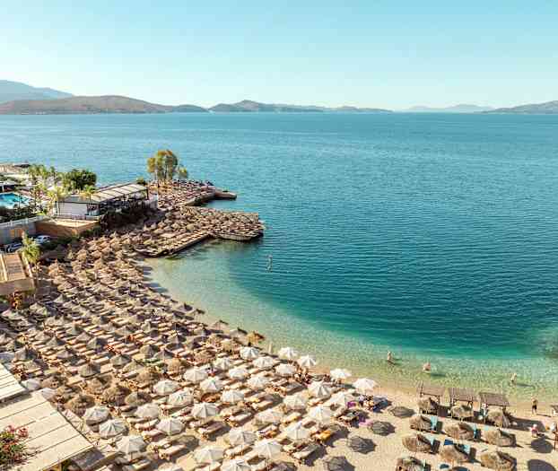 Strand med solstolar, parasoller och en klarblå havsutsikt. (AI-genererad text)