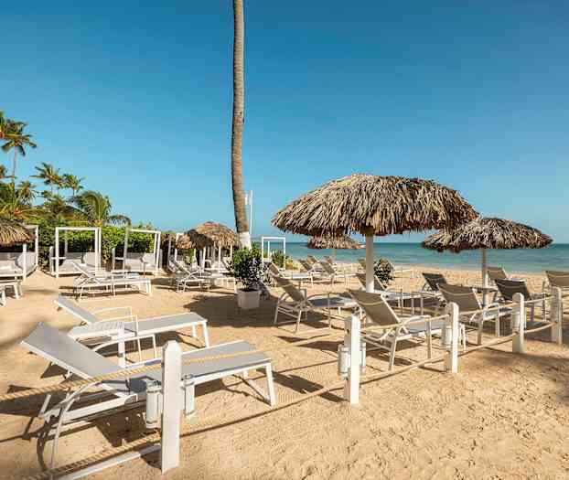 Solstolar och parasoll står uppställda på en sandig strand med lugnt hav i bakgrunden. (AI-genererad text)