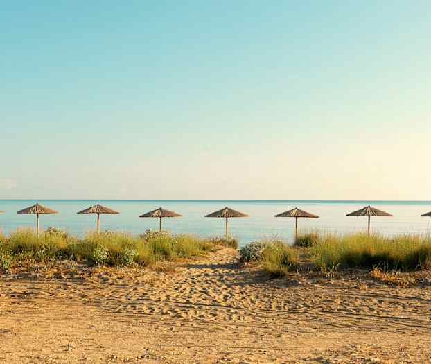 Strand med sju solparasoll i rad och hav i bakgrunden. (AI-genererad text)