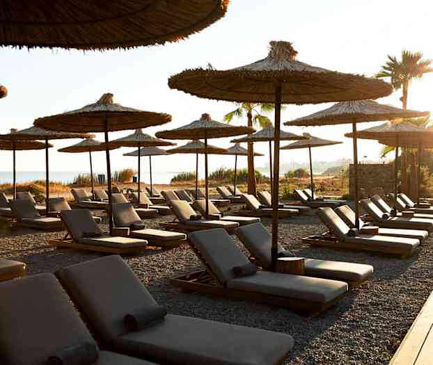 En rad solstolar med parasoller på en stenig strand med hav i bakgrunden. (AI-genererad text)