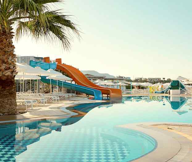 Bild av en pool med vattenrutschbanor och solstolar, samt en palm i förgrunden. (AI-genererad text)