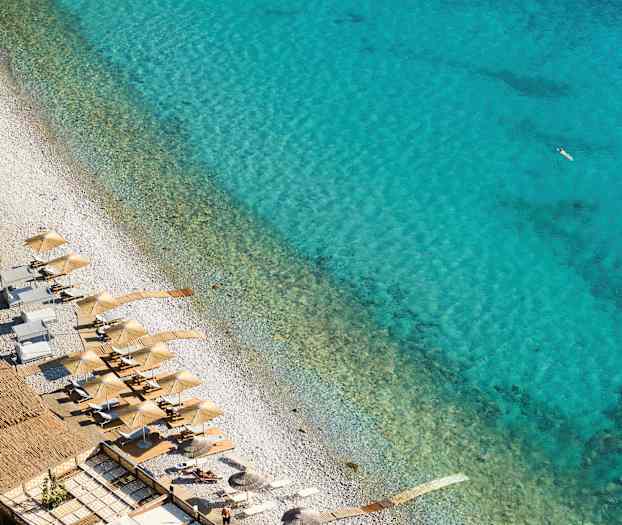 Vy över en strand med parasoller och solstolar vid klart blått vatten. (AI-genererad text)