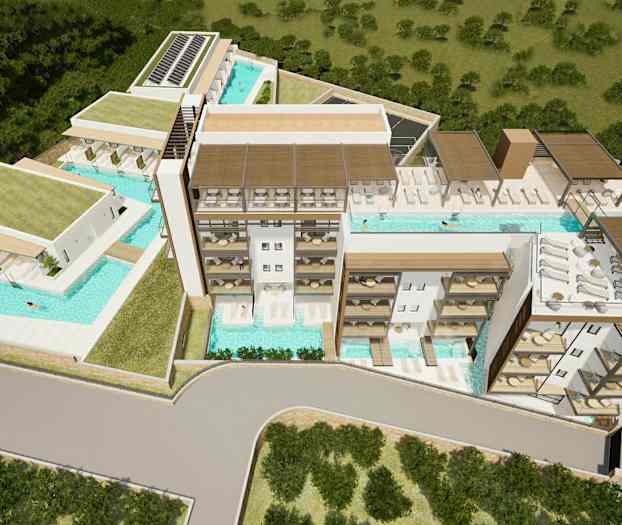Hotel med flera våningsplan och poolområden, omgärdat av grönska. (AI-genererad text)