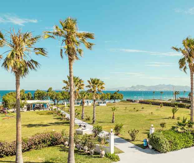 Utsikt över en grönskande trädgård med palmer och havet i bakgrunden. (AI-genererad text)