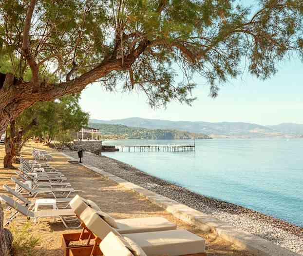 Solstolar vid en stenstrand med utsikt över havet och ett träbord. (AI-genererad text)