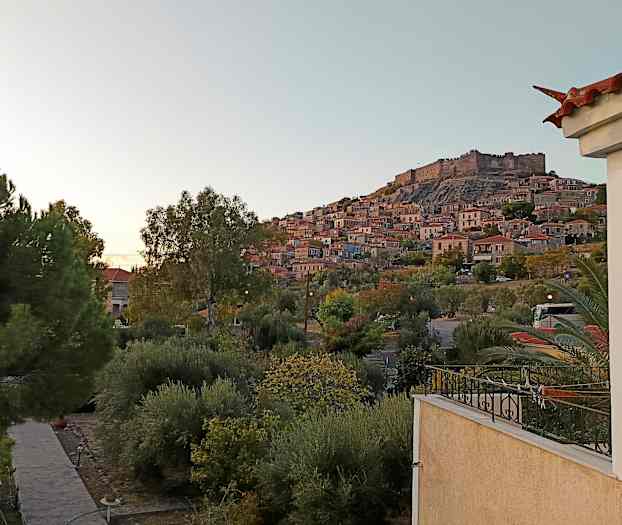 En vy över en stad med tätt byggda hus på en höjd och en större byggnad högst upp. Framför staden finns områden med träd och grönska. (AI-genererad text)