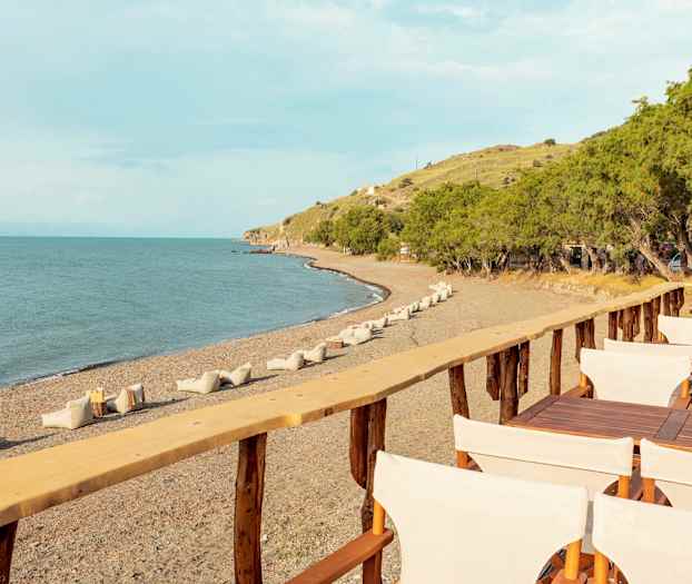 En strand med stolar och bord på en träbrygga, träd i bakgrunden. (AI-genererad text)