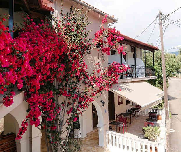 Ett hus med röda blommor klättrande på fasaden och en terrass med möbler intill en liten väg. (AI-genererad text)