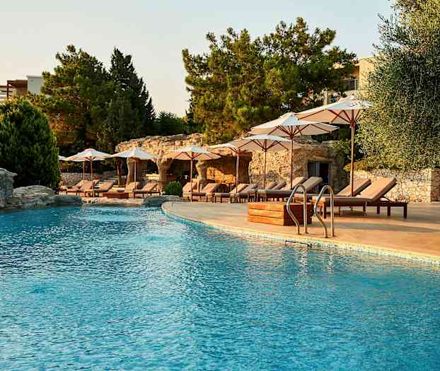 Utomhuspool med solstolar och parasoller vid sidan under skuggande träd. (AI-genererad text)