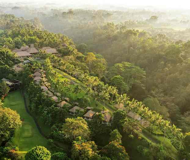 En uppifrån-tagen bild av ett tropiskt landskap med palmer, boenden och grönska. (AI-genererad text)