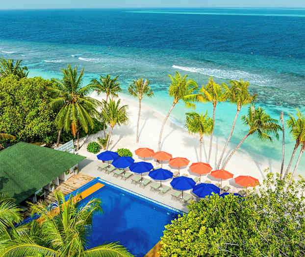 En strand med vita sand, turkost vatten och palmer. Färgade parasoller och en swimmingpool syns i förgrunden. (AI-genererad text)