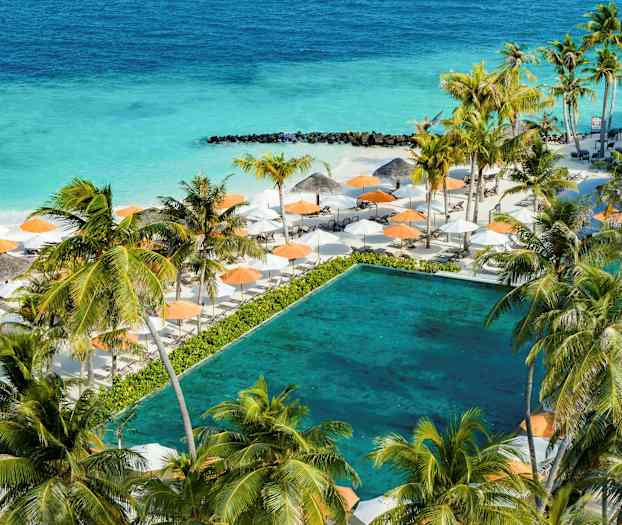 En bild av en tropisk semesterdestination med palmer, en pool, parasoller i orange och strandhäng vid turkost hav. (AI-genererad text)