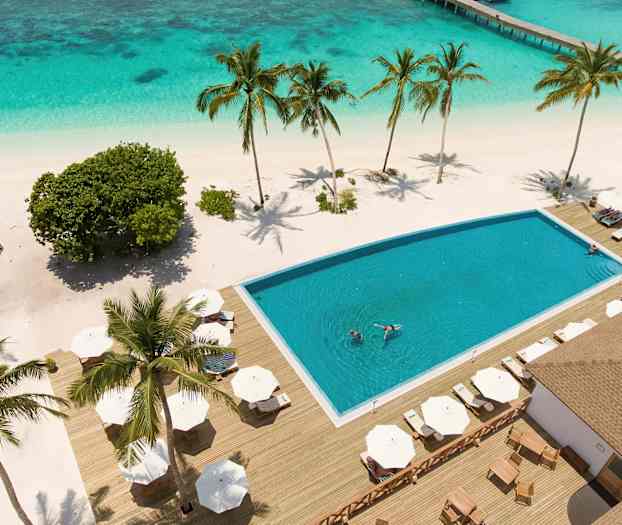 Vy över ett poolområde med solstolar på en tropisk strand, omgiven av palmer och kristallklart vatten. (AI-genererad text)