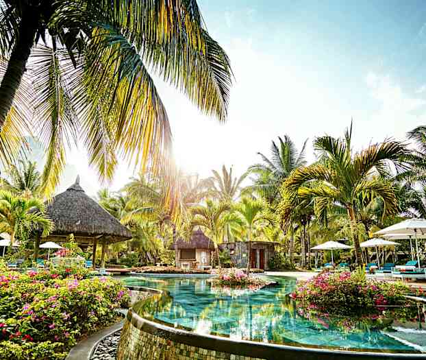 En pool omgiven av palmer och växtlighet vid ett tropiskt område. (AI-genererad text)