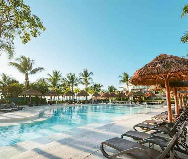 En swimmingpool omgiven av solstolar och palmer under en klar himmel. (AI-genererad text)