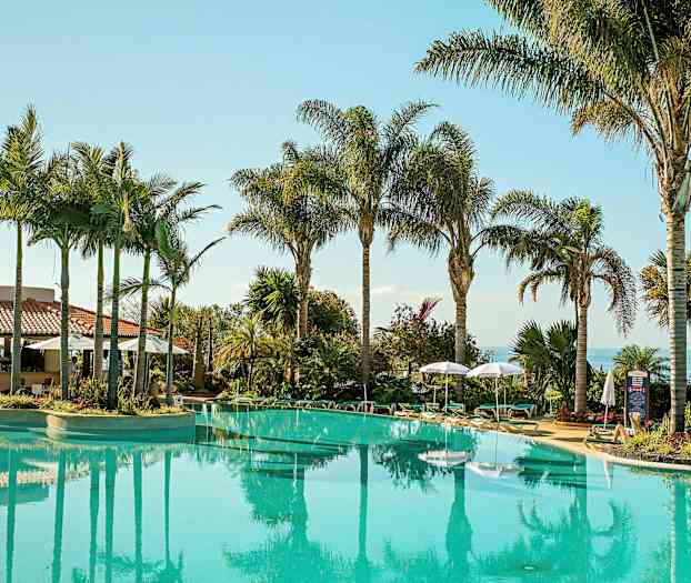 Utomhuspool omgiven av palmer och solstolar. (AI-genererad text)