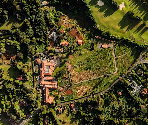 Flygfoto av ett område med byggnader, vinodlingar och trädgårdar i en grönskande omgivning. (AI-genererad text)