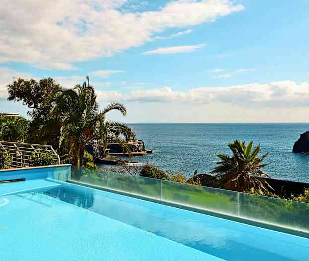 Utsikt över en pool med havet och palmer i bakgrunden. (AI-genererad text)