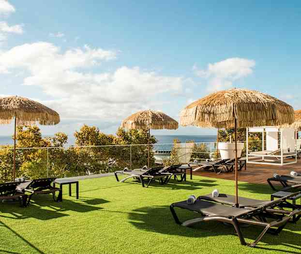 Solstolar med handdukar och parasoller på en gräsmatta med utsikt mot havet. (AI-genererad text)