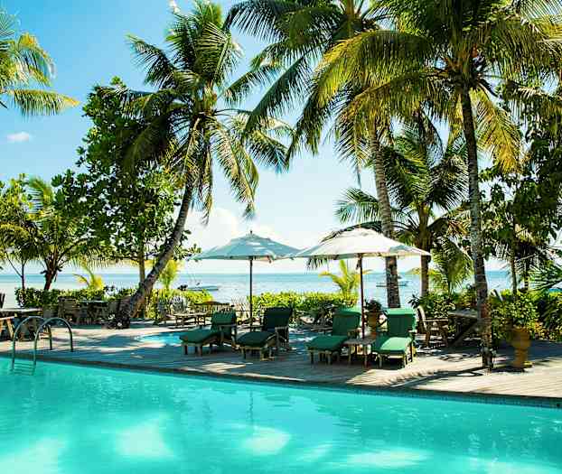 En bild av en pool omgiven av solstolar med parasoll, omgiven av palmer och grönska med utsikt över havet. (AI-genererad text)