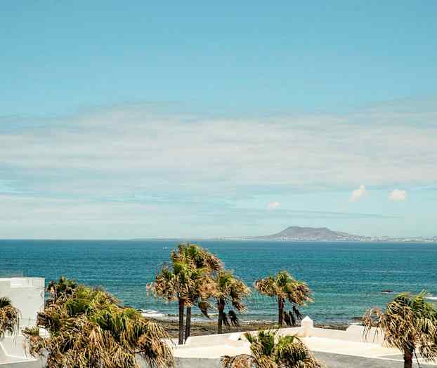 Utsikt över havet med palmer i förgrunden och ett berg i bakgrunden. (AI-genererad text)