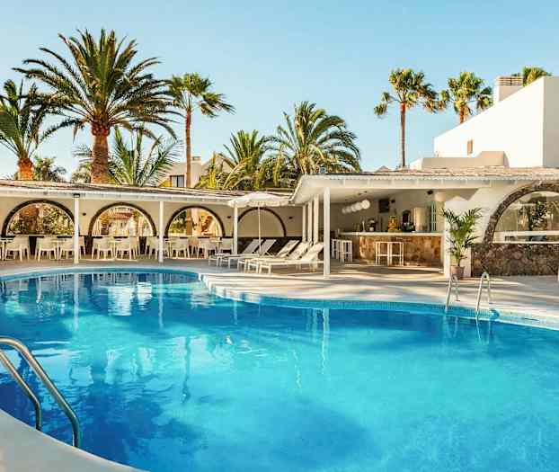 En utomhuspool omgiven av solstolar och parasoll, med vit byggnad och höga palmer i bakgrunden. (AI-genererad text)