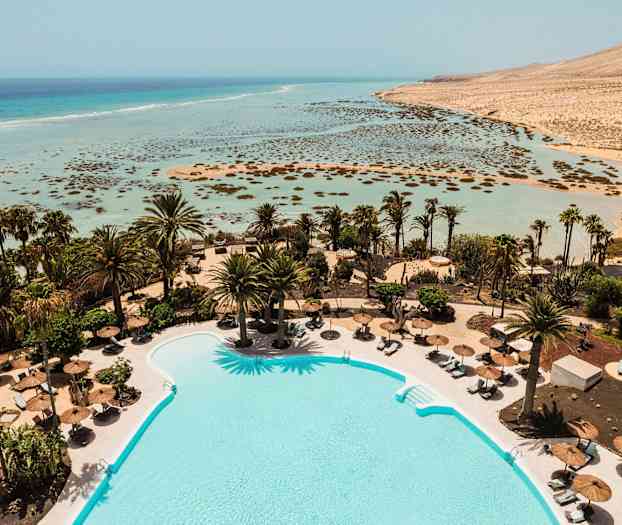 En pool omgiven av solstolar och parasoll med palmer i bakgrunden samt en utsikt över en långgrund turkosblå strand och hav. (AI-genererad text)