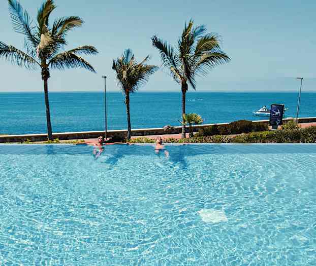 En infinitypool vid havet med palmer i bakgrunden. (AI-genererad text)