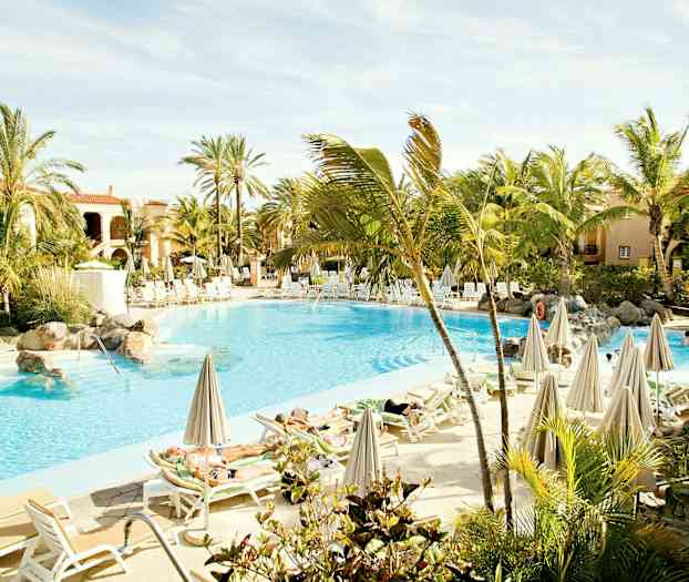 En solig pool med solstolar och parasoller omgiven av palmer. (AI-genererad text)