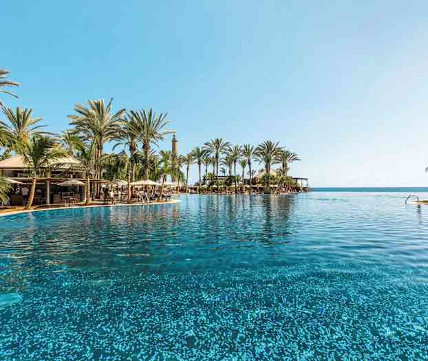 En stor pool omgiven av palmer och en blå himmel, med havet i bakgrunden. (AI-genererad text)