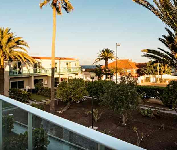 Exteriör vy med palmer och bostadshus i bakgrunden, fotograferat från en balkong. (AI-genererad text)