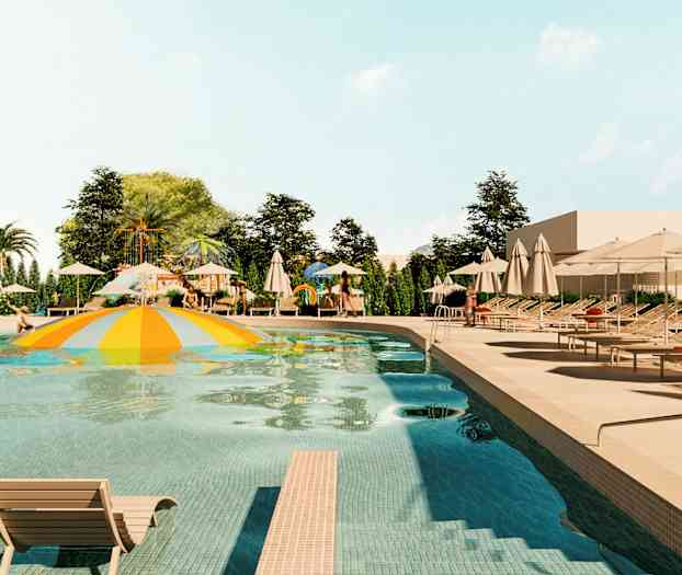 En pool med färgglatt badland och solstolar på en soldäck. (AI-genererad text)