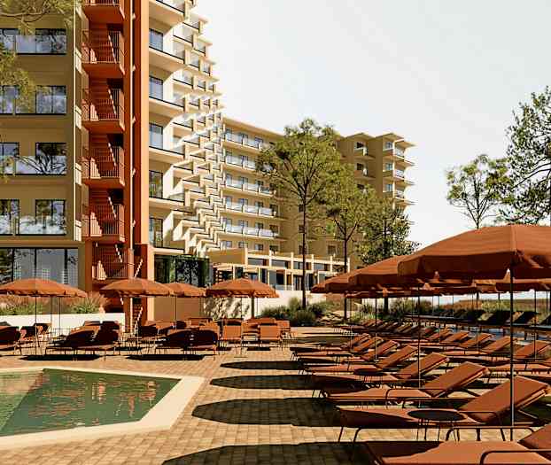 Ett hotell med en pool och solstolar omgiven av parasoller. (AI-genererad text)